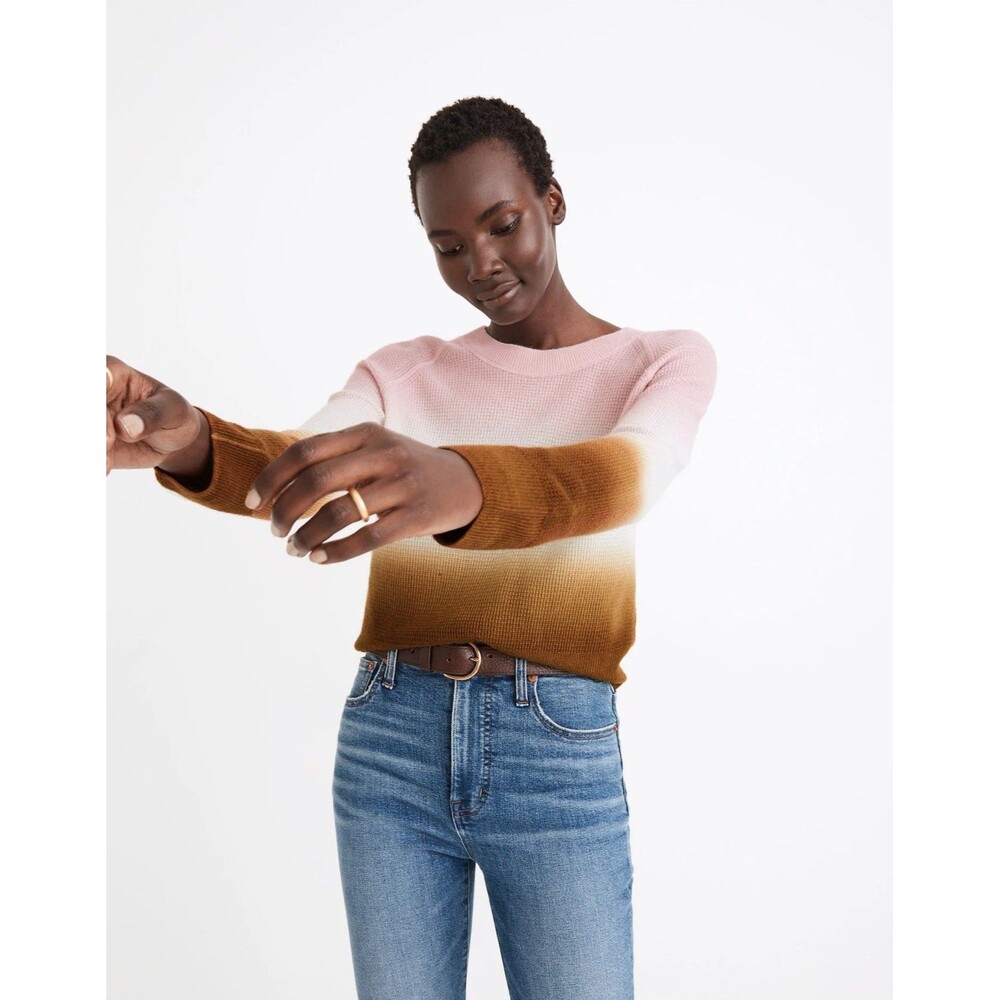 Madewell 100% Cashmere Dip-Dye Ombre Brown Waffle knit Sweater Size XS Orig $138